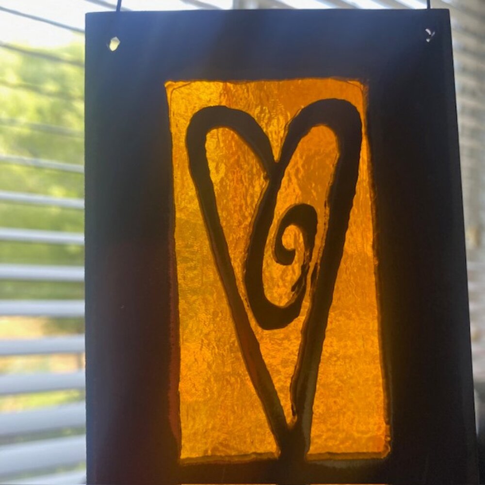 Suncatcher Handmade Distressed Metal Heart Orange Textured Glass Signed
